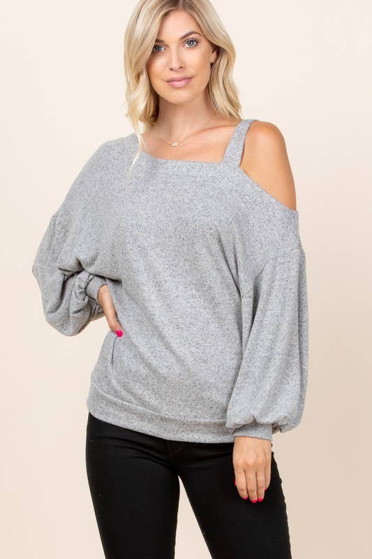 Solid Hacci Brush Cold Shoulder Top