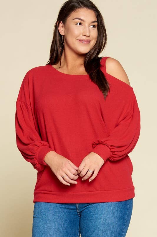 Solid Hacci Brush Cold Shoulder Top