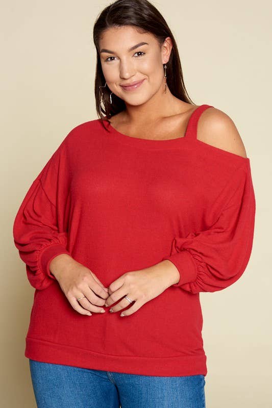 Solid Hacci Brush Cold Shoulder Top