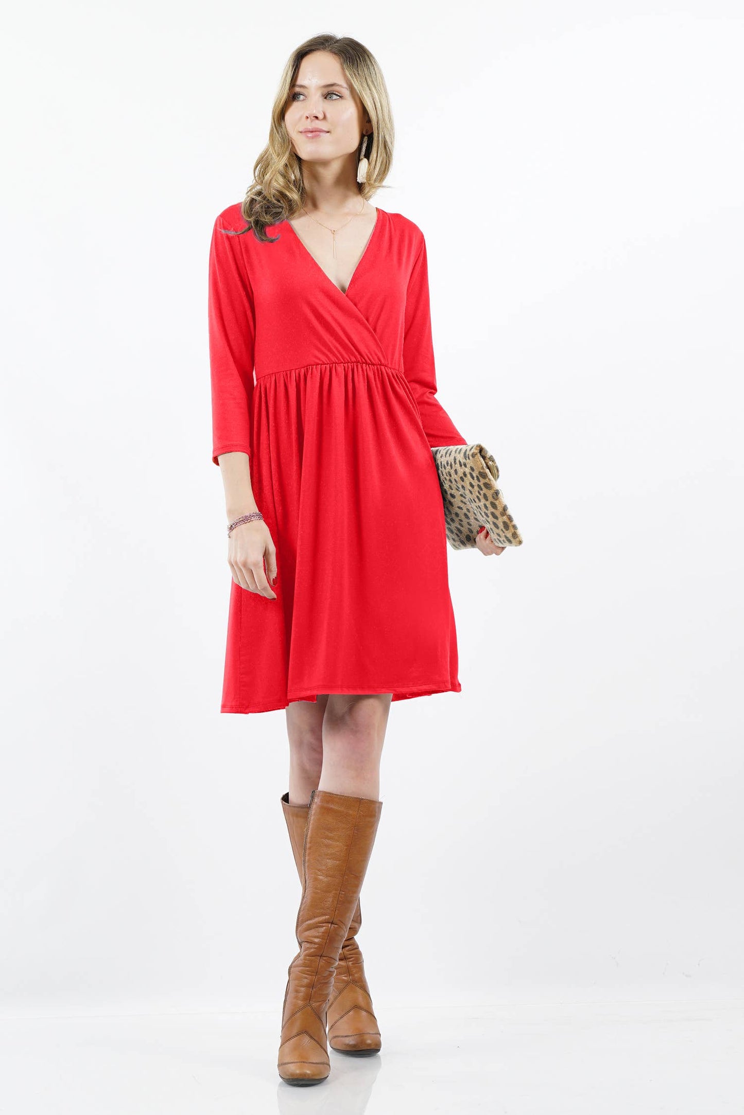 3/4 SLEEVE Empire Surplice Shirred TWO-POCKET TUNIC