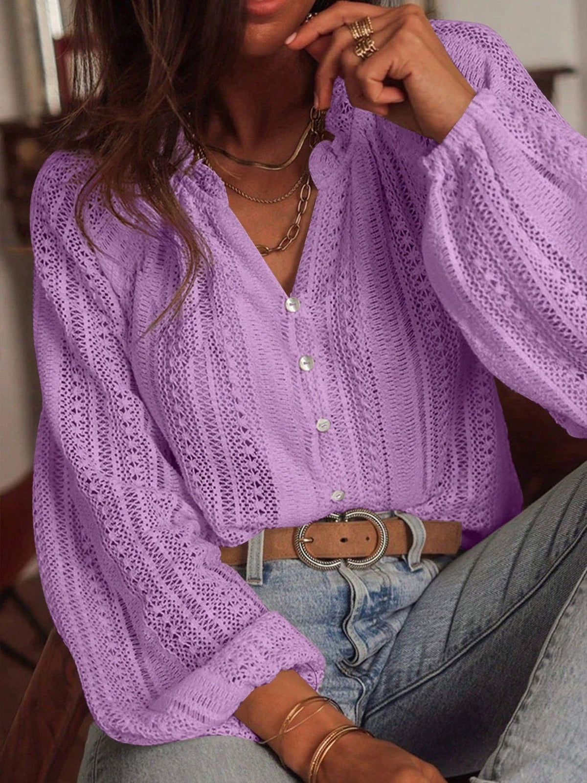 Hollow Knit V Neck Button Front Lace Blouse for Women