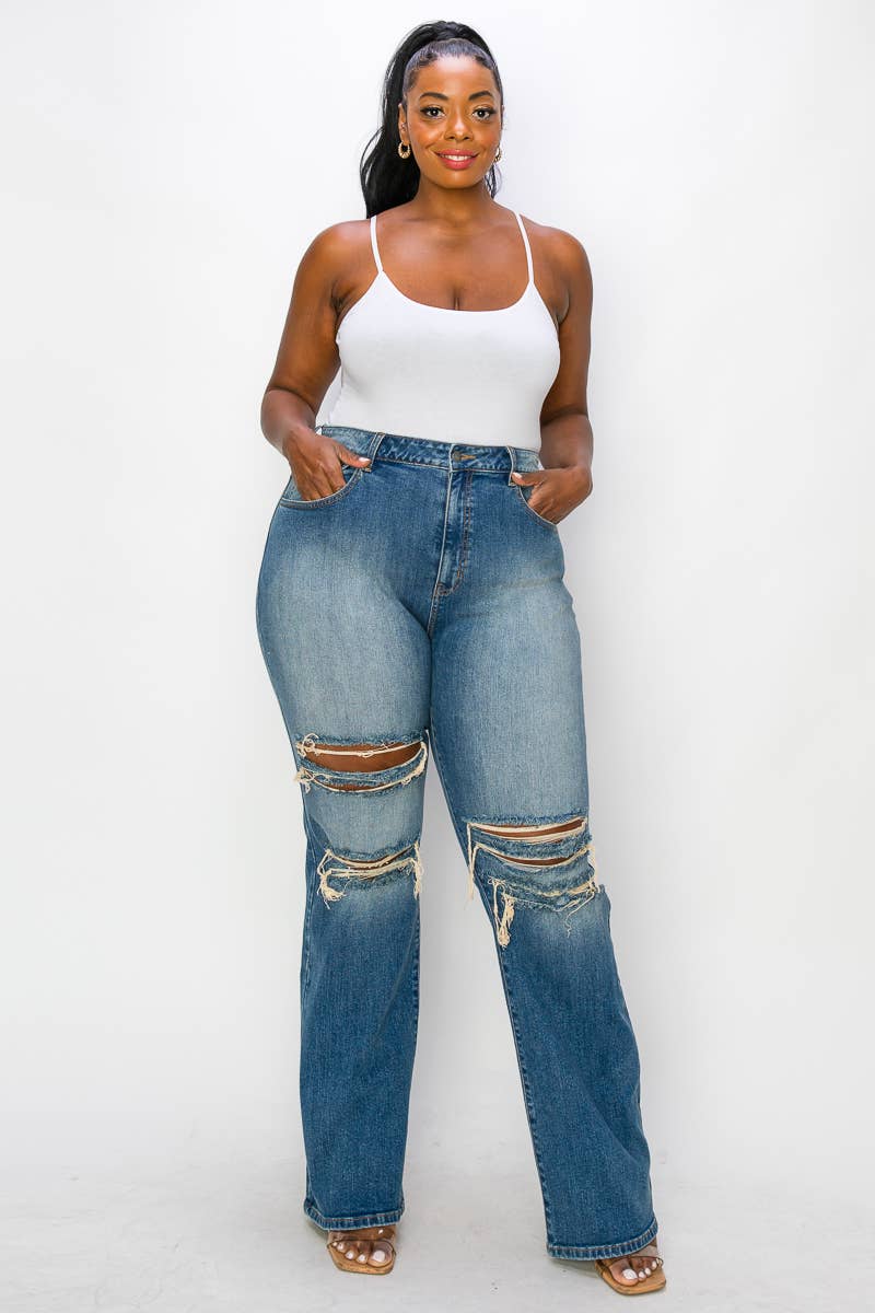 PLUS CURVY DISTRESSED VINTAGE WASH STRAIGHT LEG JEANS