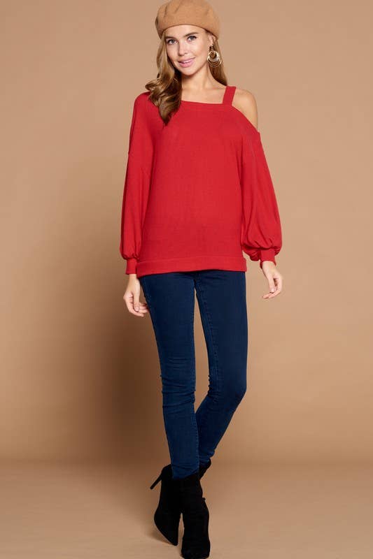 Solid Hacci Brush Cold Shoulder Top