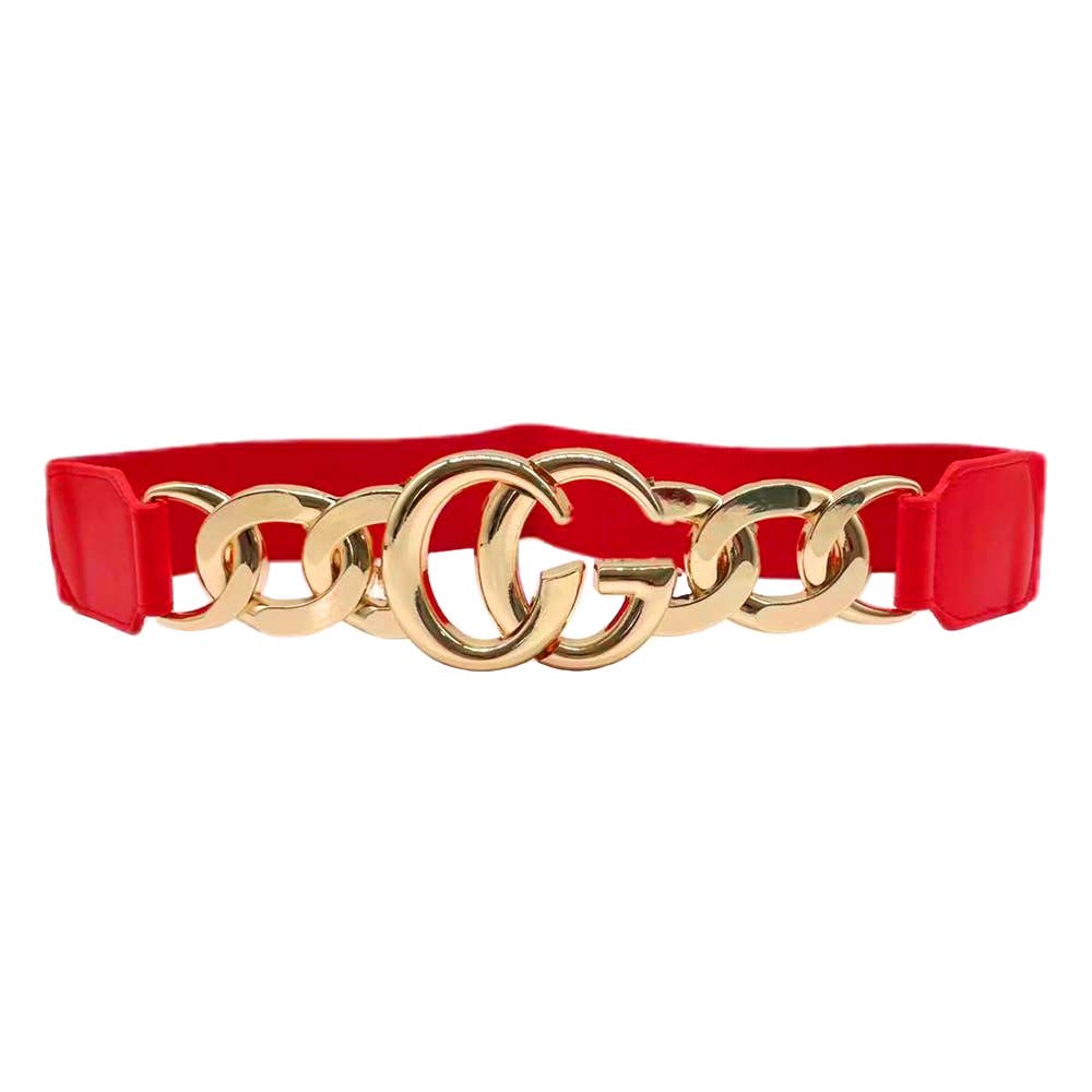 Double Metal Ring Chain Buckle Accent Elastic Waist Belt