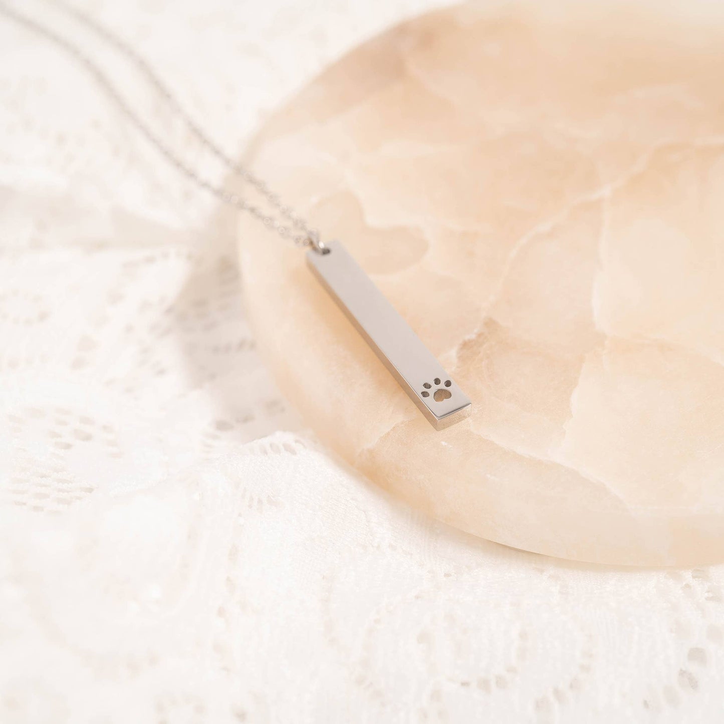 Paw Print Cutout Vertical Bar Necklace - Engravable